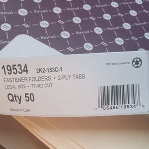 Smead 19534 Folders, One Fastener, 1/3 Cut Assorted, Top Tab, Legal, Manila,...